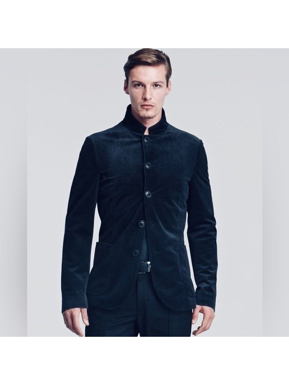 ** Armani Collezioni Blue Velvet Mandarin Collar Button Front Sport Jacket Us Xl